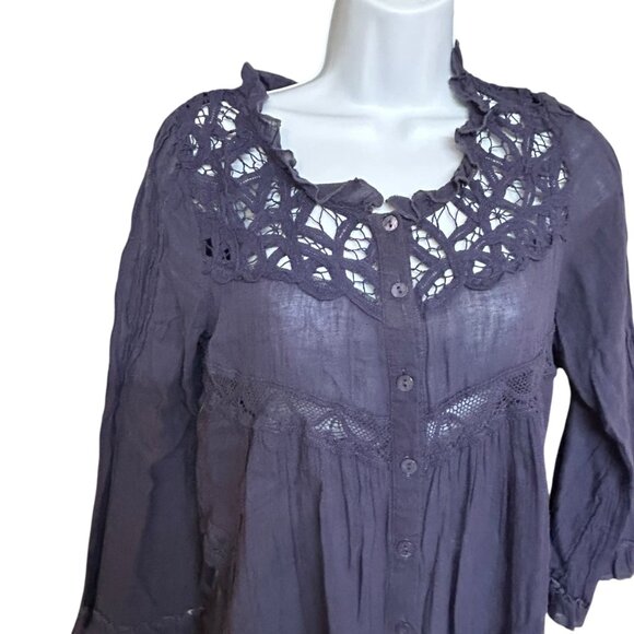 Divided Gauzy Lace Semi Sheer Long Line Button Front Ruffle Blouse Size S - Picture 3 of 7